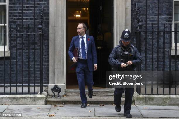 Matt Hancock, U.K. Health secretary, departs following a meeting of cabinet ministers in number 10 Downing Street in London, U.K., on Tuesday, Oct....