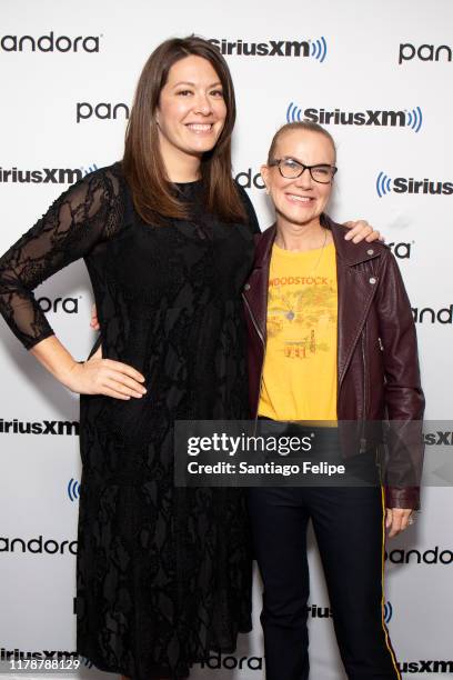 Michelle Collins and Jeannie Gaffigan visits SiriusXM Studios on October 03, 2019 in New York City.