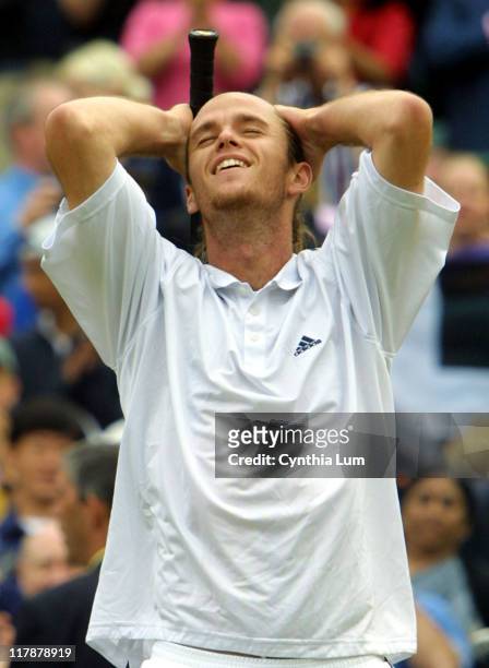 Xavier Malisse in his 6-1, 4-6, 6-2, 3-6, 9-7 victory over Richard Krajicek in the Quarterfinals of the 2002 Wimbledon Tennis Championships.