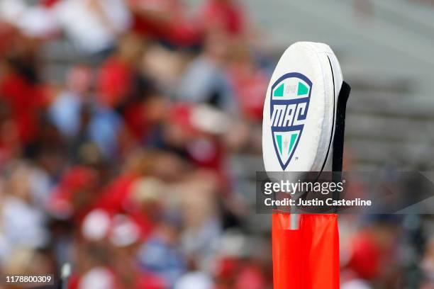 Logo on the first down marker in the game between the Buffalo Bulls and the Miami of Ohio RedHawks at Yager Stadium on September 28, 2019 in Oxford,...