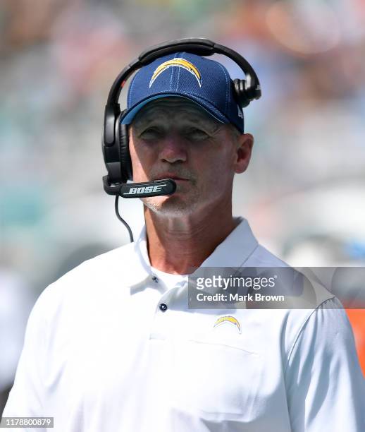 Ken Whisenhunt Offensive Coordinator for the Los Angeles Chargers coaching in the first quarter against the Miami Dolphins at Hard Rock Stadium on...