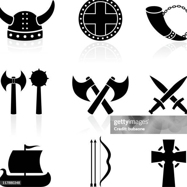 ilustraciones, imágenes clip art, dibujos animados e iconos de stock de viking blanco y negro sin royalties de conjunto de iconos vectoriales - con cuernos