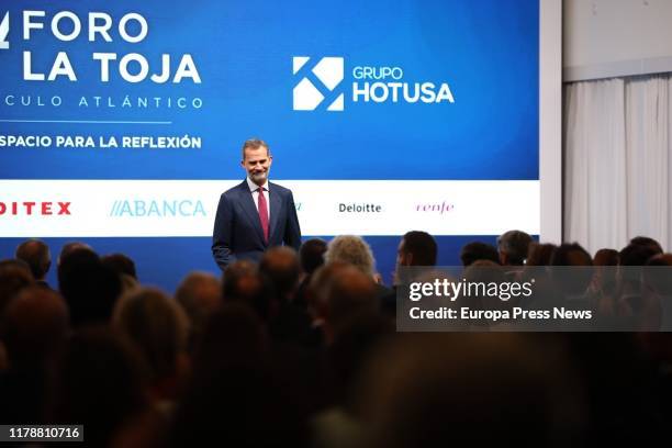 King Felipe VI is seen during his speech at the inauguration of the First Foro La Toja-Vínculo Atlántico on October 03, 2019 in Pontevedra, Spain.