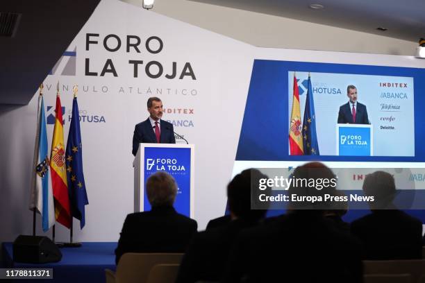 King Felipe VI is seen during his speech at the inauguration of the First Foro La Toja-Vínculo Atlántico on October 03, 2019 in Pontevedra, Spain.