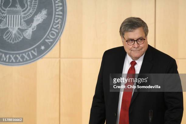 Attorney General William Barr delivers remarks during the Criminal Coordination Conference at the Securities and Exchange Commission October 03, 2019...