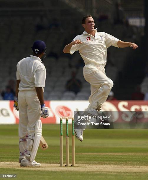 Simon Jones of England celebrates getting the wicket of VVS Laxman of India during the fifth day of the 1st npower test match between England and...