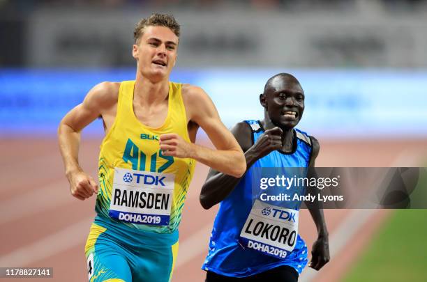 Matthew Ramsden of Australia and Paulo Amotun Lokoro of the Athlete Refugee team compete in the Men's 1500 Metres heats during day seven of 17th IAAF...