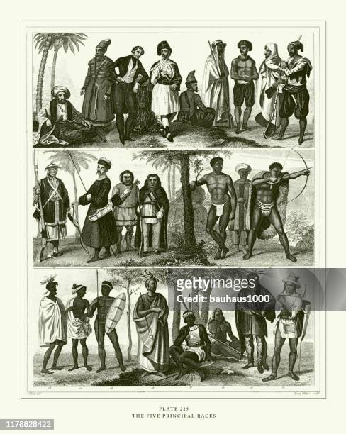 stockillustraties, clipart, cartoons en iconen met gegraveerde antieke, de vijf belangrijkste races gravure antieke illustratie, gepubliceerd 1851 - sect