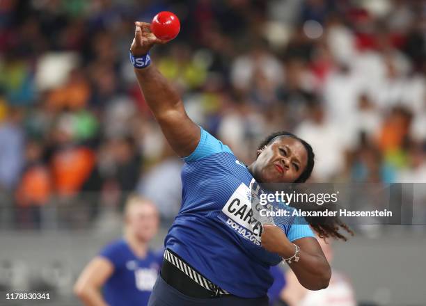 Michelle Carter of the United States competes in the Women's Shot Put final during day seven of 17th IAAF World Athletics Championships Doha 2019 at...