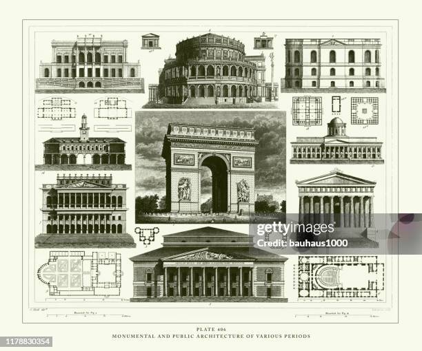 engraved antique, monumental and public architecture of various periods engraving antique illustration, published 1851 - new orleans architecture stock illustrations