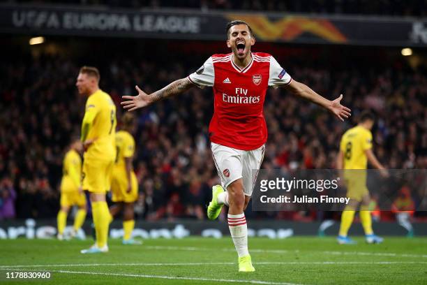 Dani Ceballos of Arsenal celebrates after scoring his team's fourth goal during the UEFA Europa League group F match between Arsenal FC and Standard...