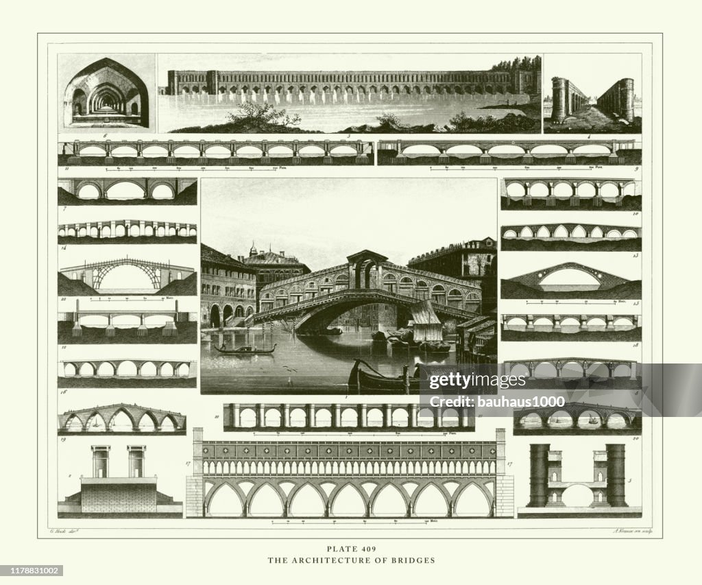 Engraved Antique, The Architecture of Bridges Engraving Antique Illustration, Published 1851