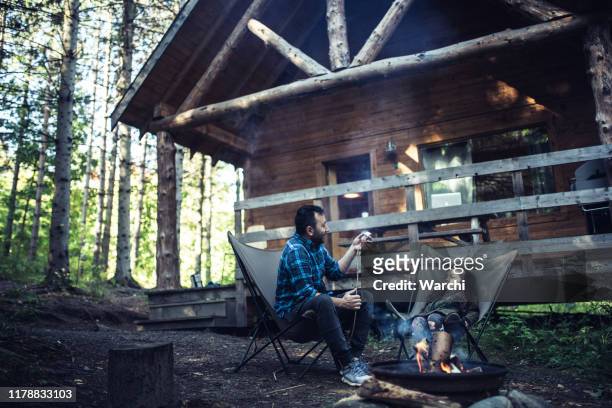 父親和女兒在篝火上煮棉花糖 - cottage 個照片及圖片檔