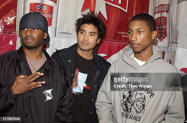 Shay, Chad Hugo and Pharrell Williams of N.E.R.D. During "Smirnoff Experience" Music Tour Kick Off with N.E.R.D - New York City at Union Square in...