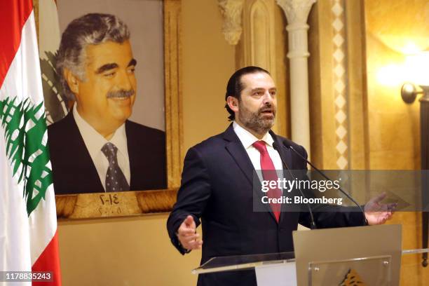 Saad Hariri, Lebanon's prime minister, announces his resignation to the country in a televised address in Beirut, Lebanon, on Tuesday, Oct. 29, 2019....