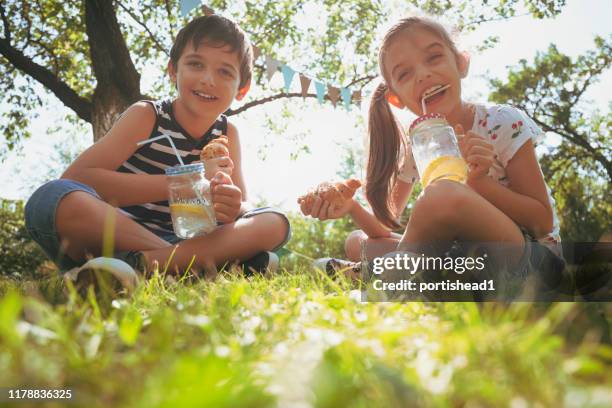 bruder und schwester trinken hausgemachte frische limonade und essen croissants - lemon soda stock-fotos und bilder