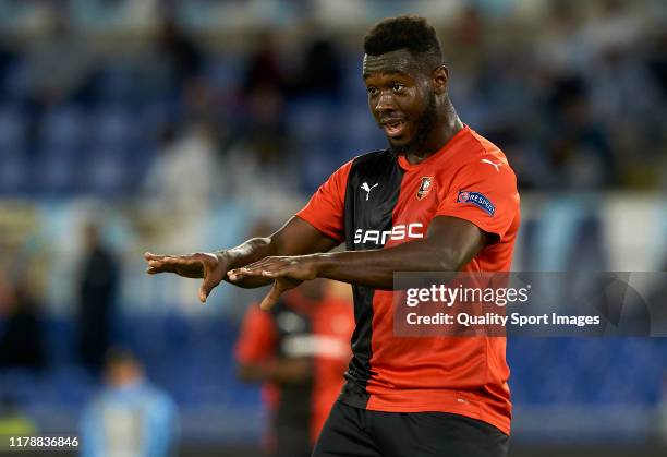 Joris Gnagnon of Stade Rennes reacts during the UEFA Europa League group E match between SS Lazio and Stade Rennes at Stadio Olimpico on October 03,...