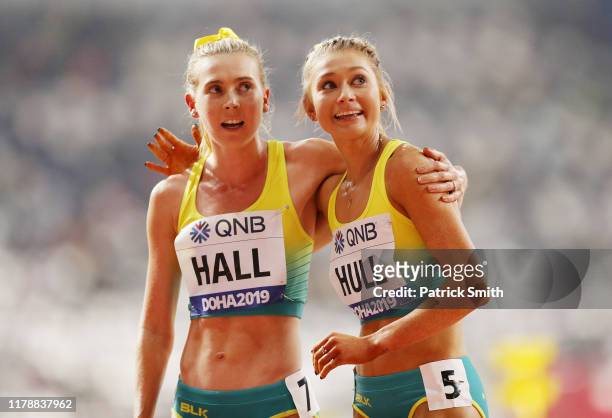 Jessica Hull of Australia and Linden Hall of Australia react after competing in the Women's 1500 Metres semi final during day seven of 17th IAAF...