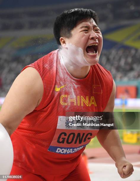 Lijiao Gong of China celebrates winning the Women's Shot Put final during day seven of 17th IAAF World Athletics Championships Doha 2019 at Khalifa...