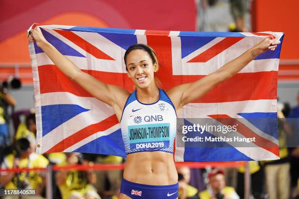 Katarina Johnson-Thompson of Great Britain reacts after the 800 Metres and winning gold in the Women's Heptathlon during day seven of 17th IAAF World...