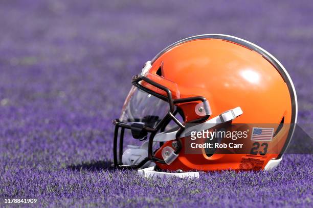 The helmet of Damarious Randall of the Cleveland Browns is shown before the Browns and Baltimore Ravens game at M&T Bank Stadium on September 29,...