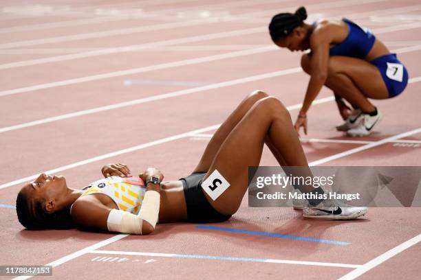 Nafissatou Thiam of Belgium reacts after the 800 Metres and winning silver in the Women's Heptathlon during day seven of 17th IAAF World Athletics...