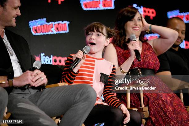 Owain Yeoman, Alexa Swinton, and Allison Tolman speak onstage during the ABC's Emergence panel during the New York Comic Con at Jacob K. Javits...