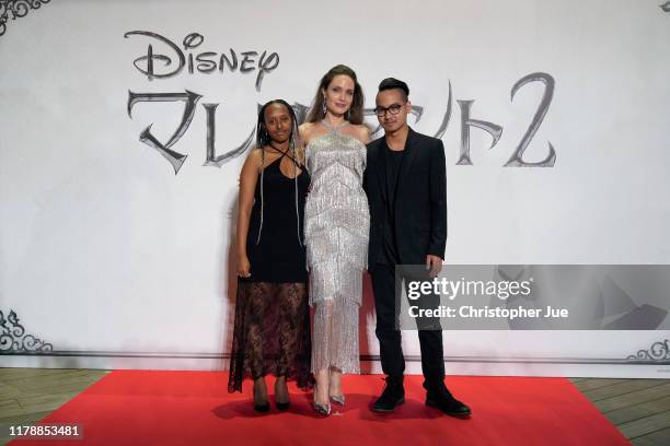 Zahara Jolie-Pitt, Angelina Jolie, and Maddox Jolie-Pitt attend the Japan premiere of 'Maleficent: Mistress of Evil' on October 03, 2019 in Tokyo,...