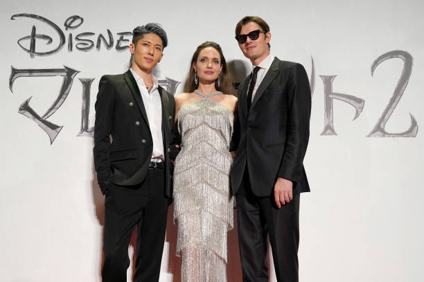 Angelina Jolie, and Sam Riley attend the Japan premiere of 'Maleficent: Mistress of Evil' on October 03, 2019 in Tokyo, Japan.