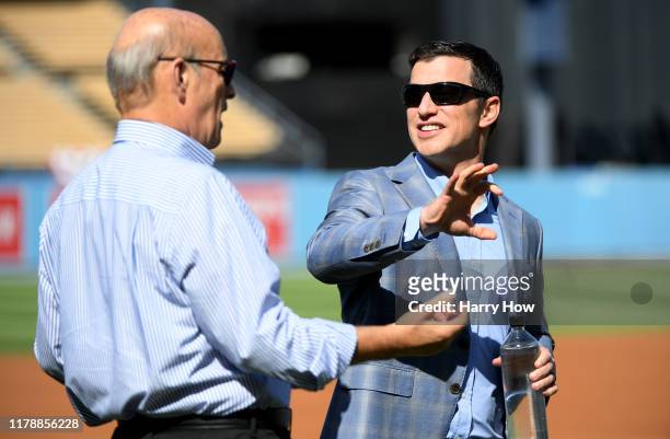 President and part-owner of the Los Angeles Dodgers, Stan Kasten, speaks to President of Baseball Operations for the Los Angeles Dodgers, Andrew...