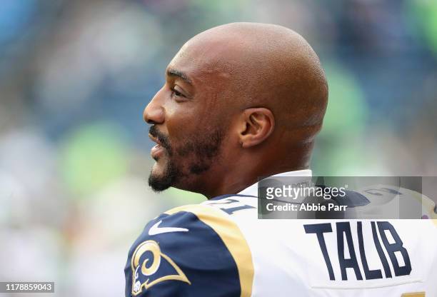 Aqib Talib of the Los Angeles Rams warms-up before the game against the Seattle Seahawks at CenturyLink Field on October 03, 2019 in Seattle,...
