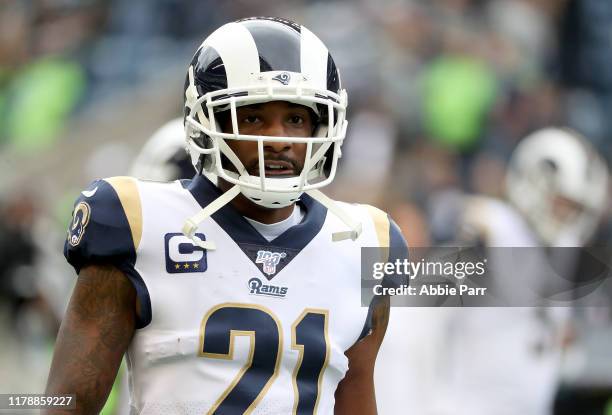 Aqib Talib of the Los Angeles Rams warms-up before the game against the Seattle Seahawks at CenturyLink Field on October 03, 2019 in Seattle,...