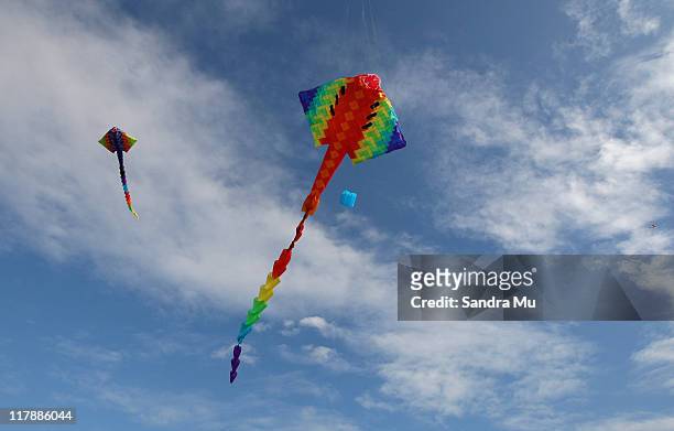 Kite enthusiasts fly large kites as part of Manu Aute Kite Day during the Matariki Kite Festival at Bastion Point on July 2, 2011 in Auckland, New...