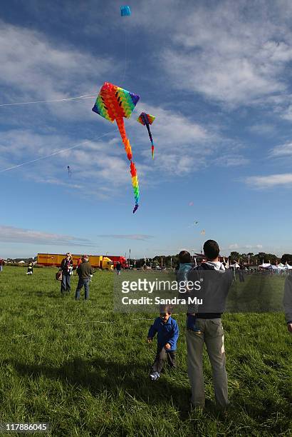 Kite enthusiasts fly kites as part of Manu Aute Kite Day during the Matariki Kite Festival at Bastion Point on July 2, 2011 in Auckland, New Zealand.