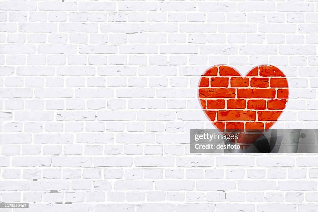 Moderno color blanco color ladrillo patrón de pared textura grunge fondo de Navidad ilustración vectorial con un corazón de color rojo graffitigraffitio o goma estampado en la pared
