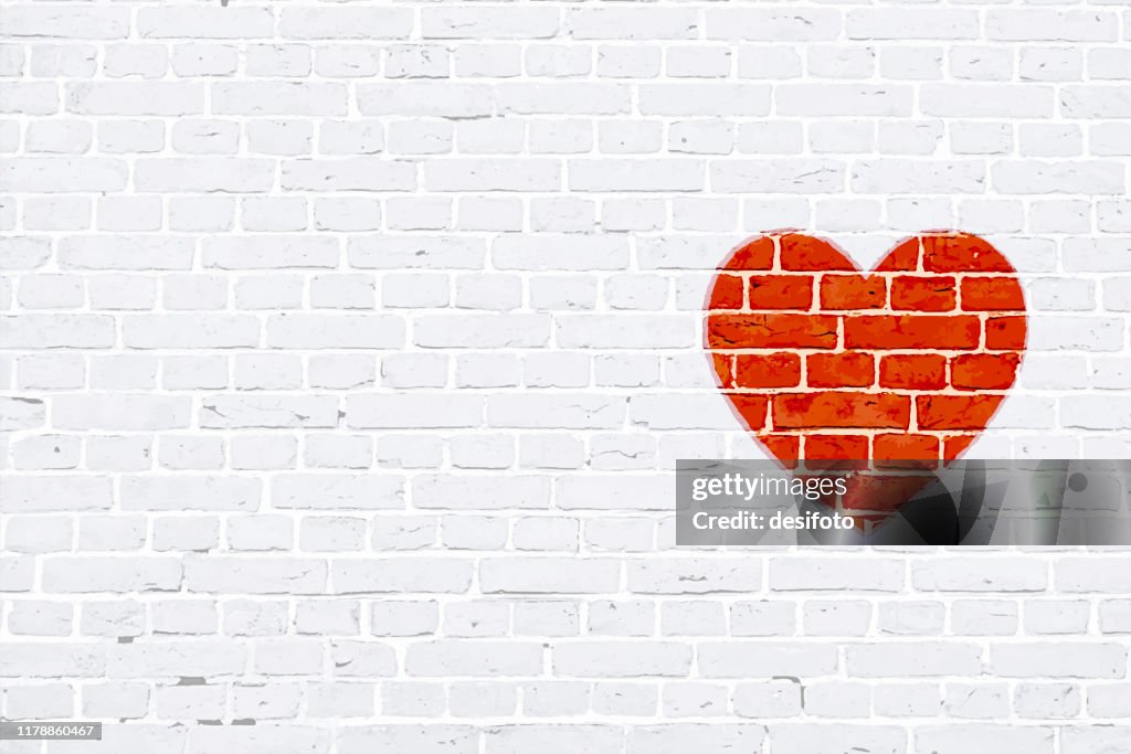 Modern white color brick pattern wall texture grunge background Xmas vector illustration with a red colored heart graffiti graffitied or rubber stamped on wall