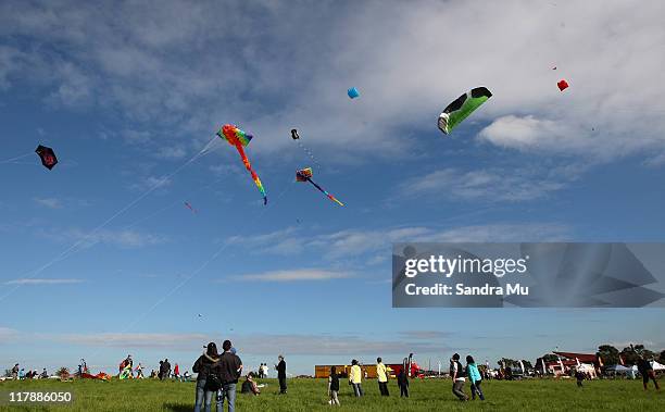 Kite enthusiasts fly kites as part of Manu Aute Kite Day during the Matariki Kite Festival at Bastion Point on July 2, 2011 in Auckland, New Zealand.