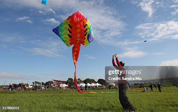 Kite enthusiasts fly kites as part of Manu Aute Kite Day during the Matariki Kite Festival at Bastion Point on July 2, 2011 in Auckland, New Zealand.