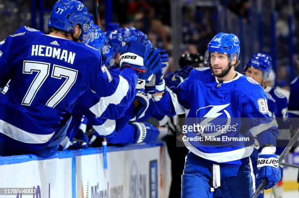 Nikita Kucherov of the Tampa Bay Lightning celebrates a goal during the home opener against the Florida Panthers at Amalie Arena on October 03, 2019...
