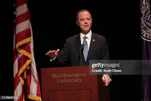 Rep. Adam Schiff delivers a lecture on The Threat to Liberal Democracy at Home and Abroad at Cahn Auditorium on the campus of Northwestern University...