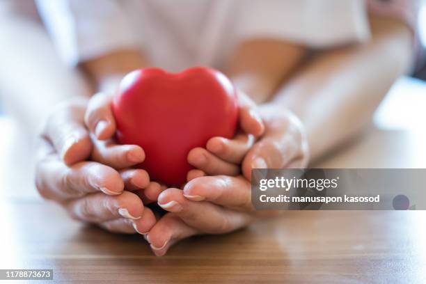 woman and child holding red heart. - cholesterol stock pictures, royalty-free photos & images