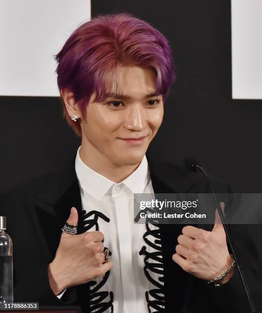 Taeyong speaks onstage during SuperM Premiere Event Live From Capitol Records in Hollywood at Capitol Records Tower on October 03, 2019 in Los...
