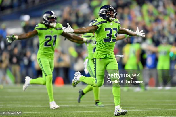 Tedric Thompson of the Seattle Seahawks is pumped after a game changing interception in the fourth quarter of the game against the Los Angeles Rams...