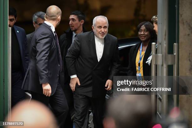 Iranian Foreign Minister Mohammad Javad Zarif arrives ahead of a meeting of the Syria constitution-writing committee on October 29, 2019 at the...