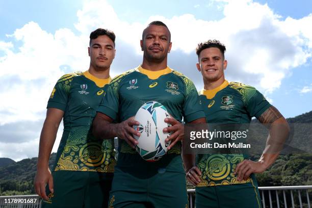 Jordan Petaia, Kurtley Beale and Matt Toomua of Australia pose in the Indigenous Jersey that they will be wearing in their 2019 Rugby World Cup match...