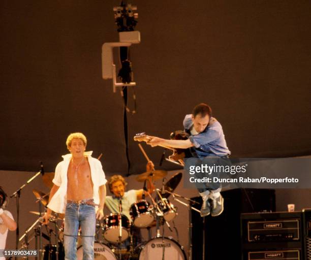 Roger Daltrey and Pete Townshend of The Who performing on stage during the Live Aid concert at Wembley Stadium in London, England on July 13, 1985....