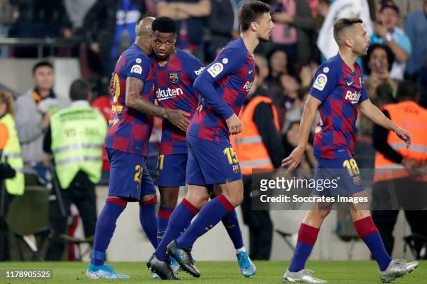 Arturo Vidal of FC Barcelona, Ansu Fati of FC Barcelona, Clement Lenglet of FC Barcelona, Jordi Alba of FC Barcelona celebrate goal during the La...