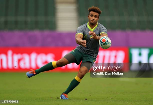 Will Genia of Australia releases a pass during the Australian Wallabies Captain's Run ahead of their 2019 Rugby World Cup match against Uruguay at...