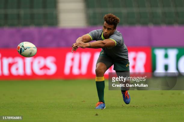Will Genia of Australia releases a pass during the Australian Wallabies Captain's Run ahead of their 2019 Rugby World Cup match against Uruguay at...