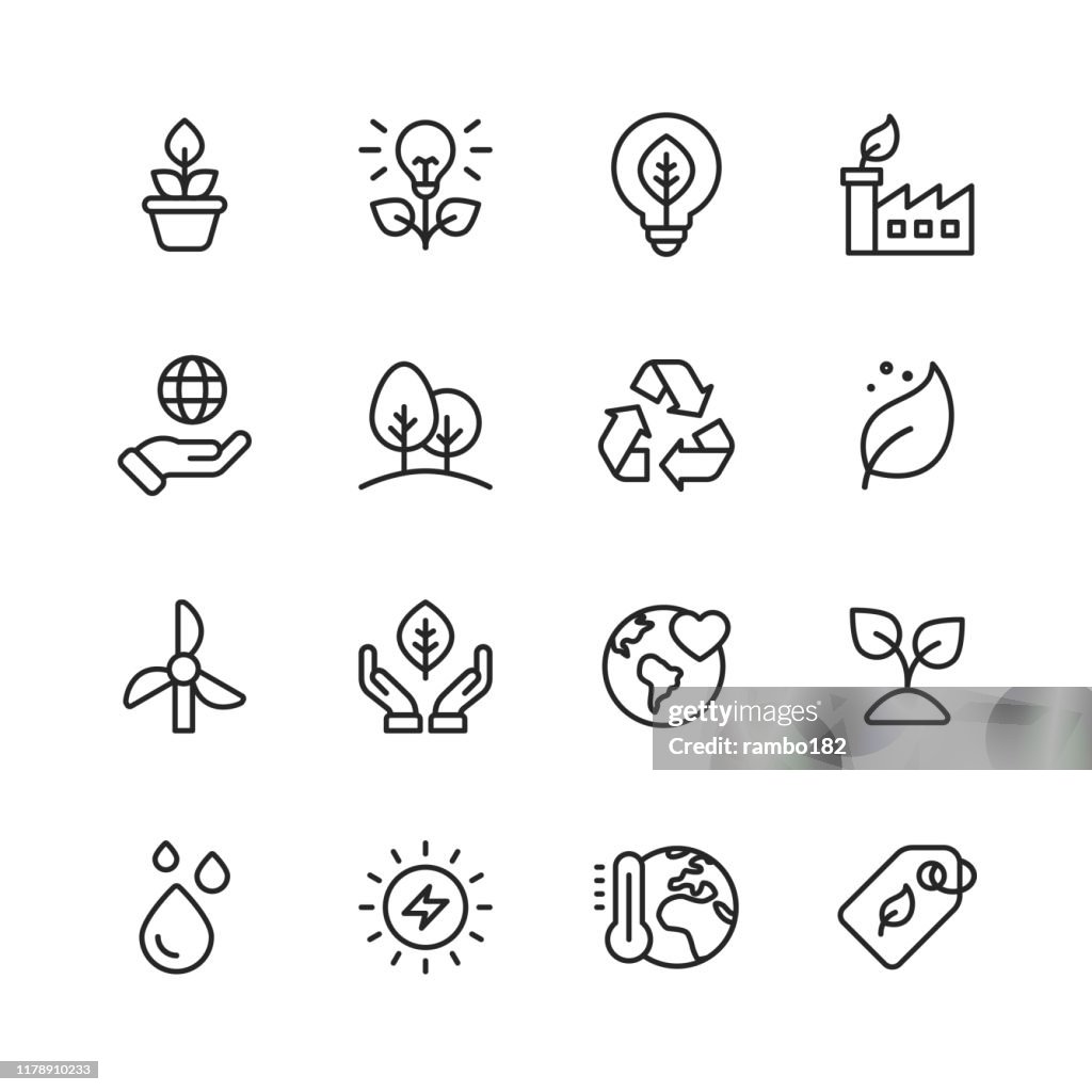 Iconos de líneas de ecología y medio ambiente. Trazo editable. Píxel perfecto. Para móviles y web. Contiene iconos como Hoja, Ecología, Medio Ambiente, Bombilla, Bosque, Energía Verde, Agricultura.